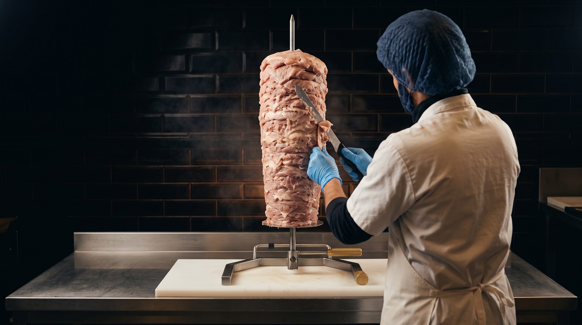 A worker trims a raw kebab meat cone on the production line