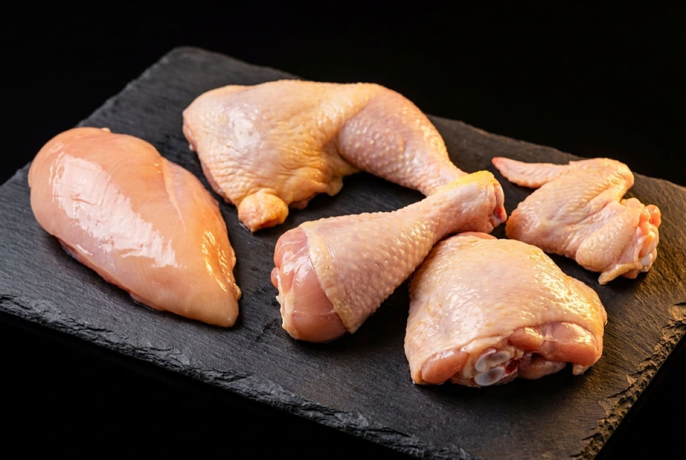Rozbiór drobiu 2Mundos — filet, ćwiartka, podudzie, skrzydła na ciemnym slate
